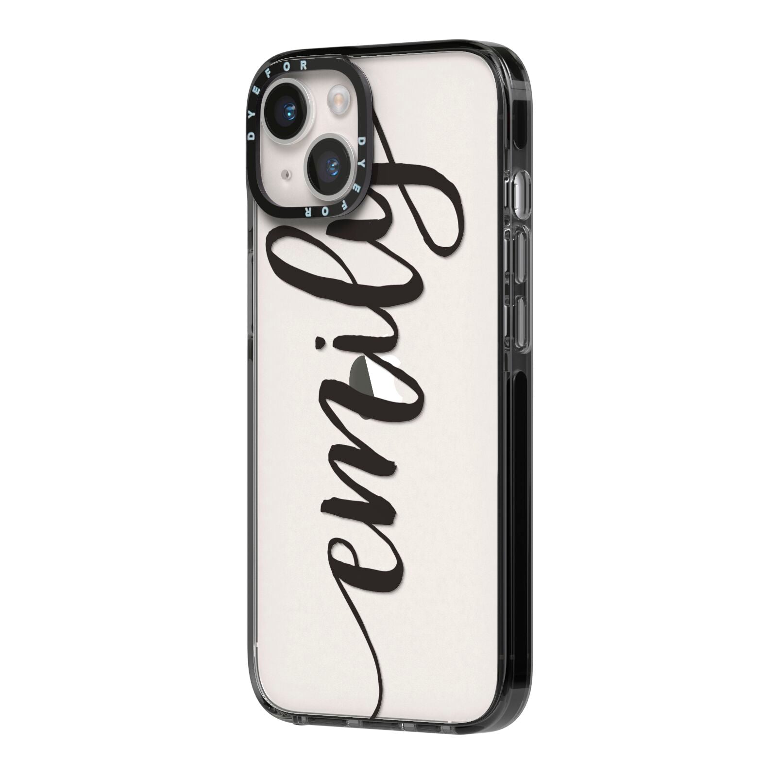 Personalised Scroll Side Handwritten Name Clear iPhone 14 Black Impact Case Side Angle on Silver phone