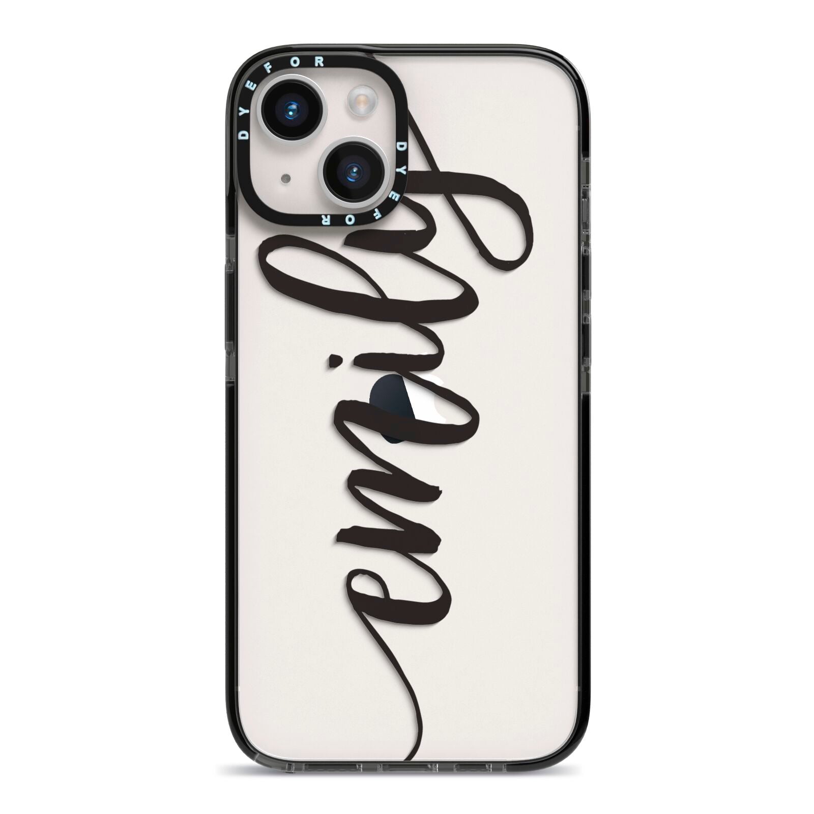 Personalised Scroll Side Handwritten Name Clear iPhone 14 Black Impact Case on Silver phone