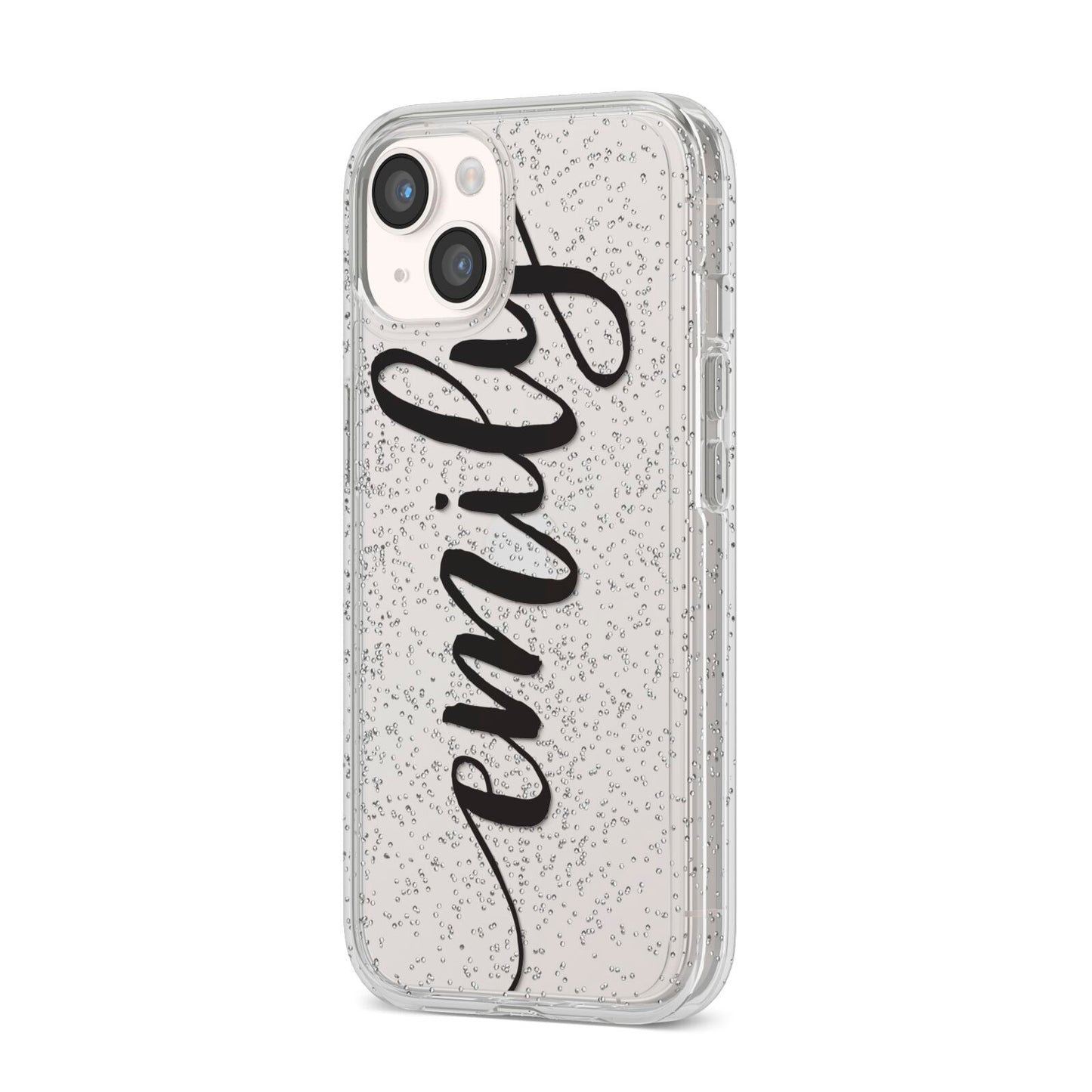 Personalised Scroll Side Handwritten Name Clear iPhone 14 Glitter Tough Case Starlight Angled Image