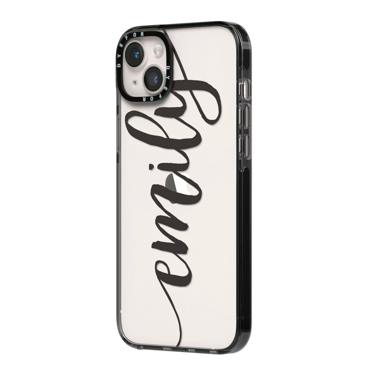 Personalised Scroll Side Handwritten Name Clear iPhone 14 Plus Black Impact Case Side Angle on Silver phone