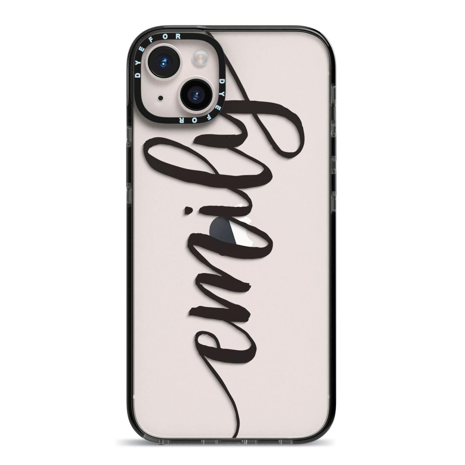 Personalised Scroll Side Handwritten Name Clear iPhone 14 Plus Black Impact Case on Silver phone
