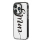 Personalised Scroll Side Handwritten Name Clear iPhone 14 Pro Black Impact Case Side Angle on Silver phone