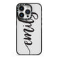 Personalised Scroll Side Handwritten Name Clear iPhone 14 Pro Black Impact Case on Silver phone