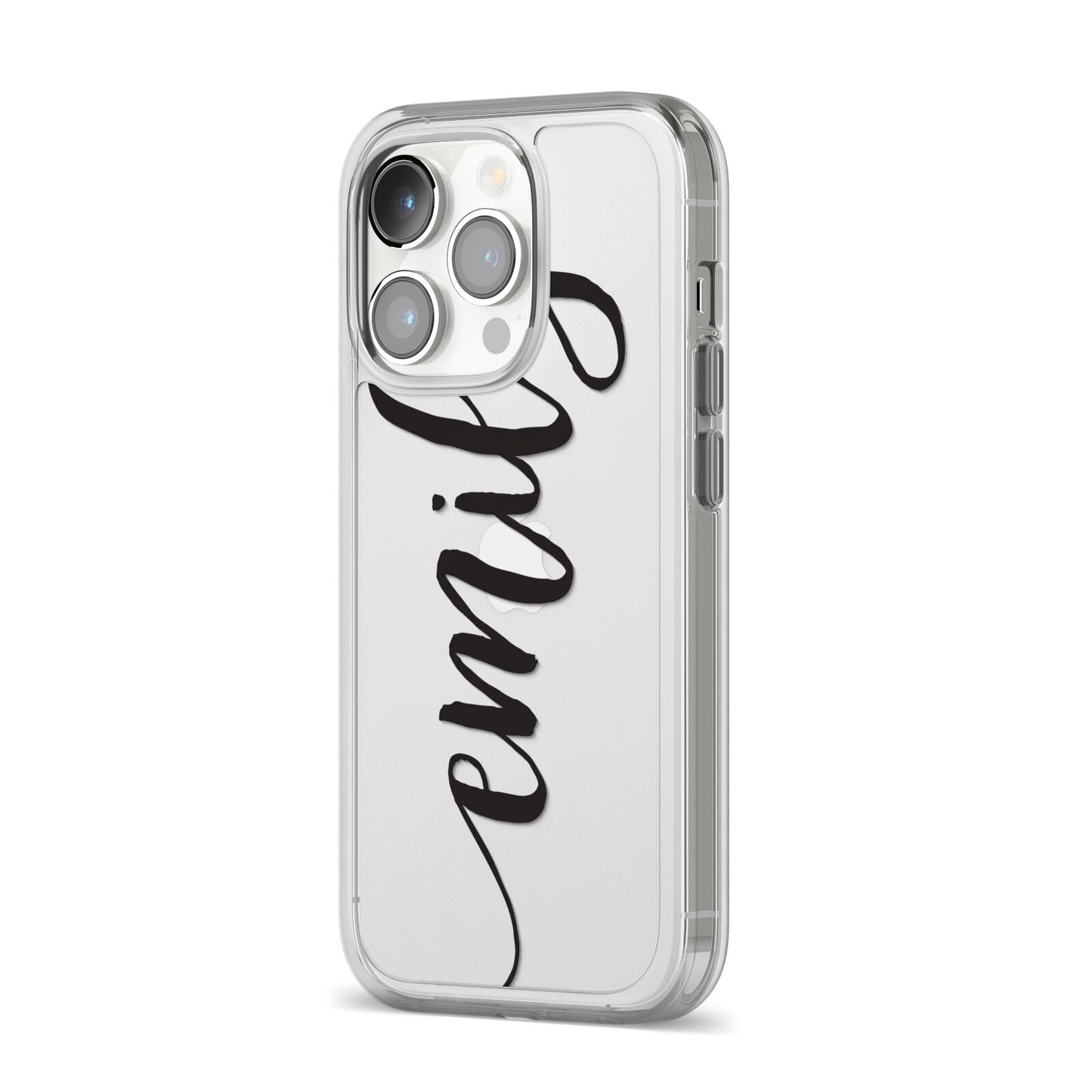 Personalised Scroll Side Handwritten Name Clear iPhone 14 Pro Clear Tough Case Silver Angled Image