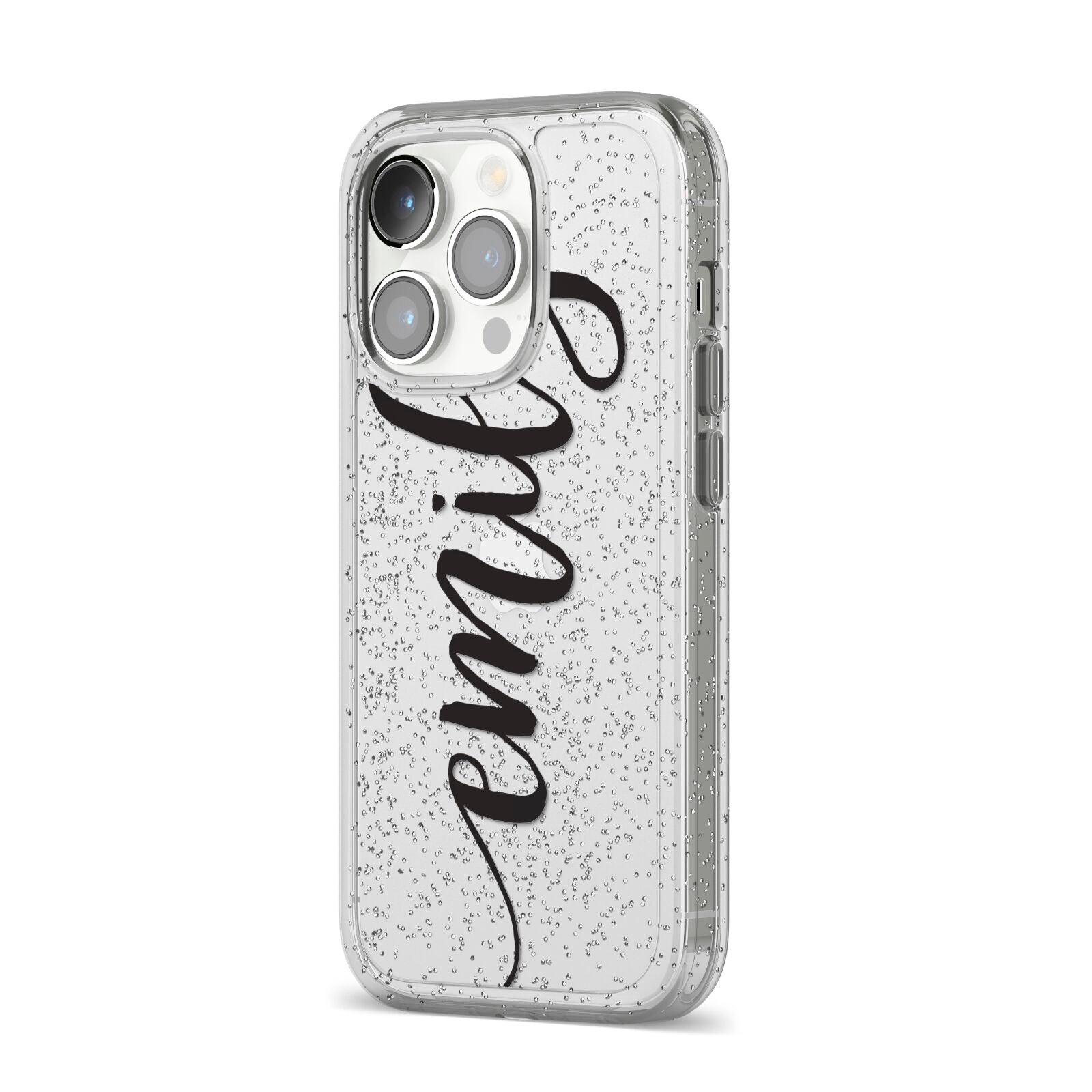 Personalised Scroll Side Handwritten Name Clear iPhone 14 Pro Glitter Tough Case Silver Angled Image