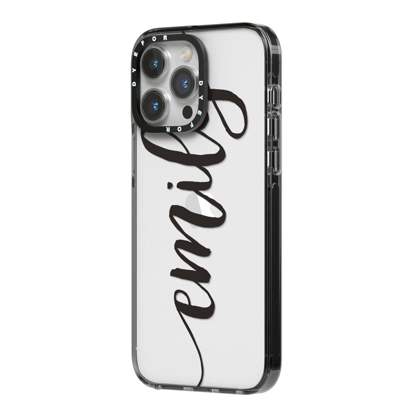 Personalised Scroll Side Handwritten Name Clear iPhone 14 Pro Max Black Impact Case Side Angle on Silver phone