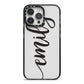 Personalised Scroll Side Handwritten Name Clear iPhone 14 Pro Max Black Impact Case on Silver phone