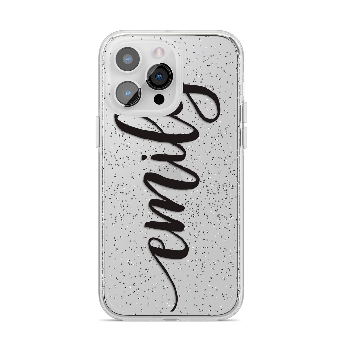 Personalised Scroll Side Handwritten Name Clear iPhone 14 Pro Max Glitter Tough Case Silver