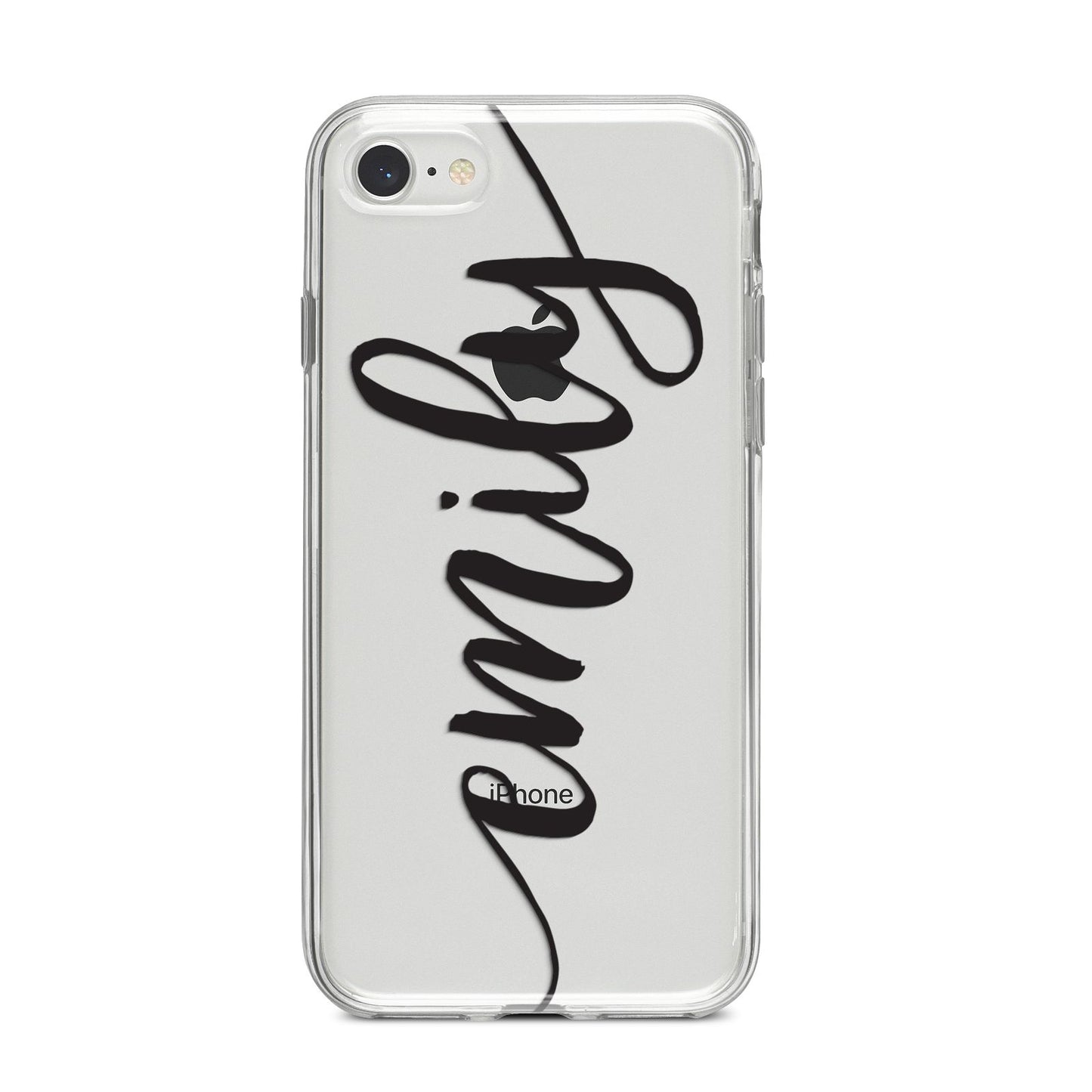 Personalised Scroll Side Handwritten Name Clear iPhone 8 Bumper Case on Silver iPhone