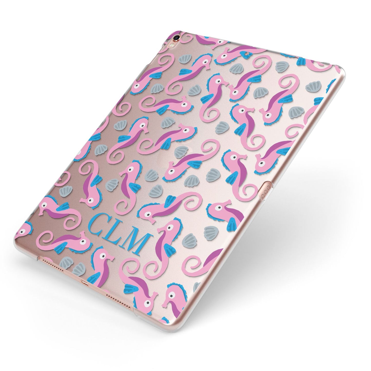 Personalised Sea Horse Initials Apple iPad Case on Rose Gold iPad Side View