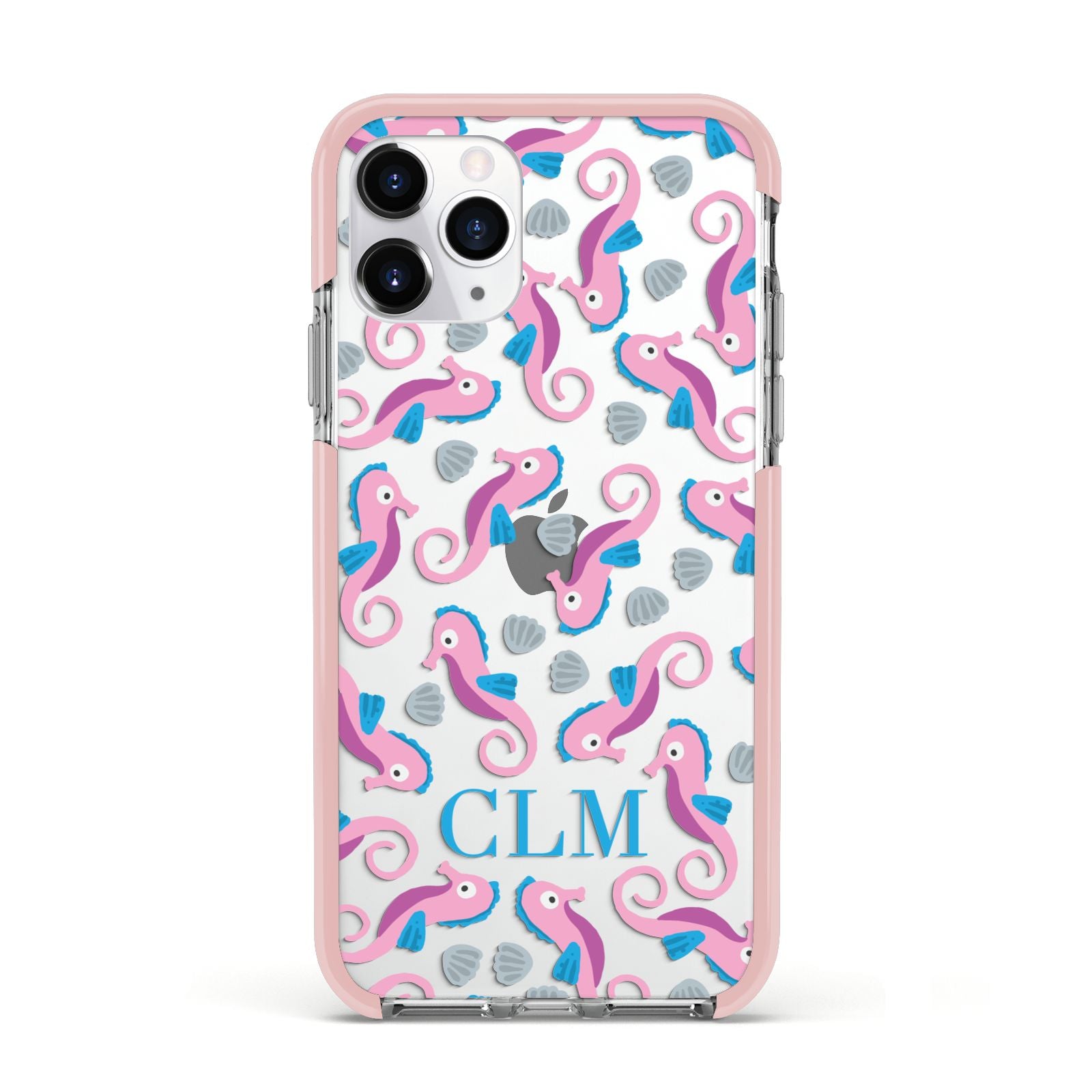 Personalised Sea Horse Initials Apple iPhone 11 Pro in Silver with Pink Impact Case
