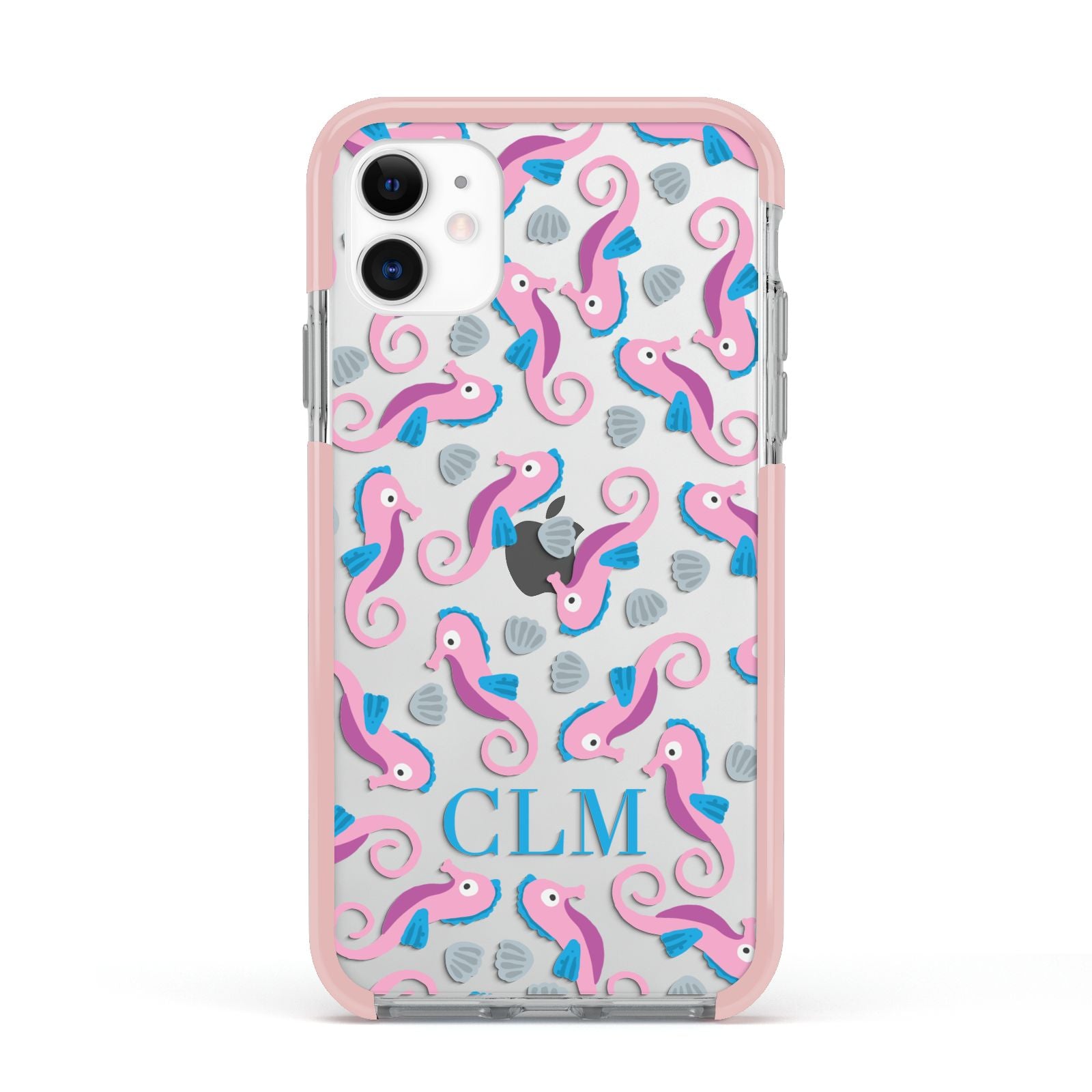 Personalised Sea Horse Initials Apple iPhone 11 in White with Pink Impact Case