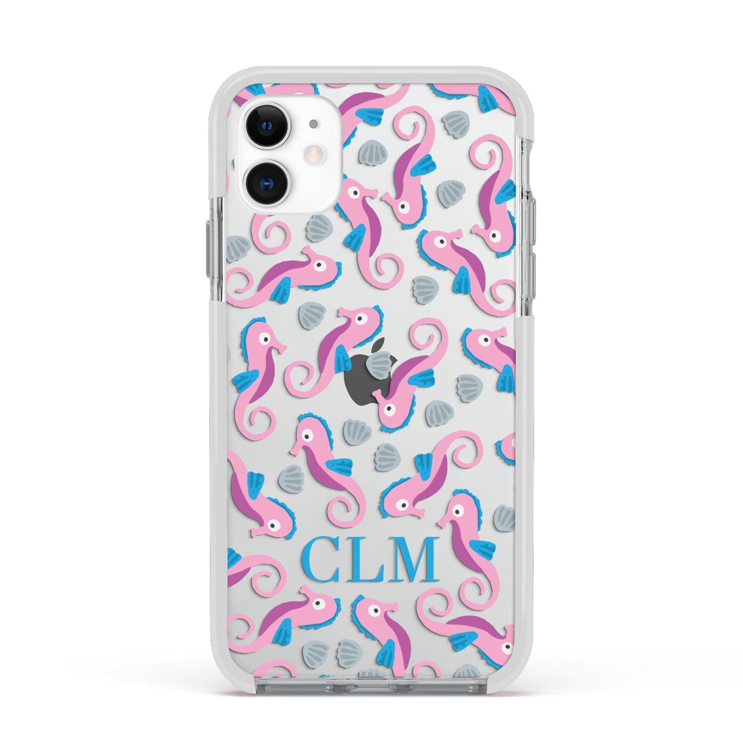 Personalised Sea Horse Initials Apple iPhone 11 in White with White Impact Case