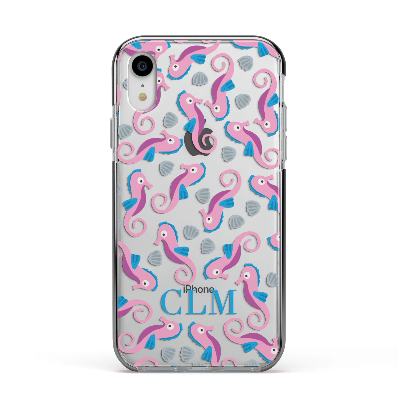 Personalised Sea Horse Initials Apple iPhone XR Impact Case Black Edge on Silver Phone