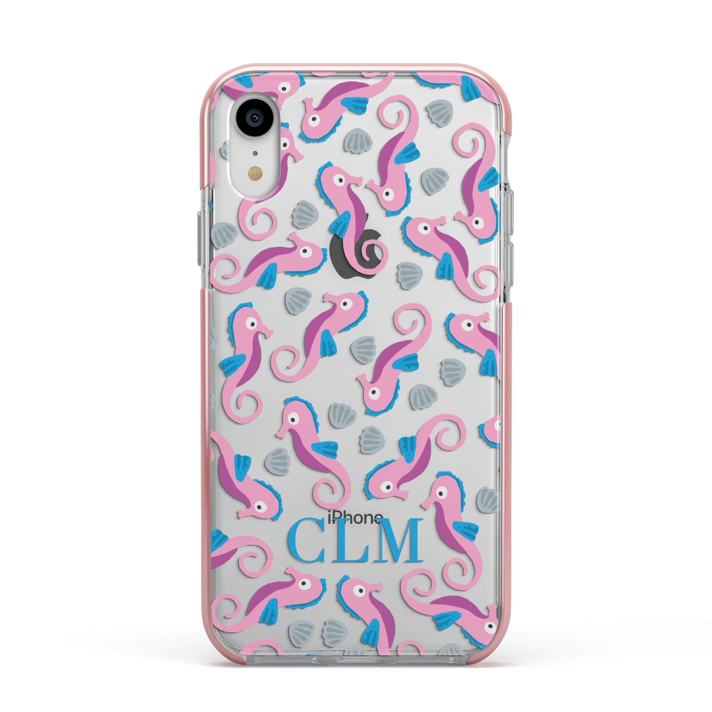 Personalised Sea Horse Initials Apple iPhone XR Impact Case Pink Edge on Silver Phone