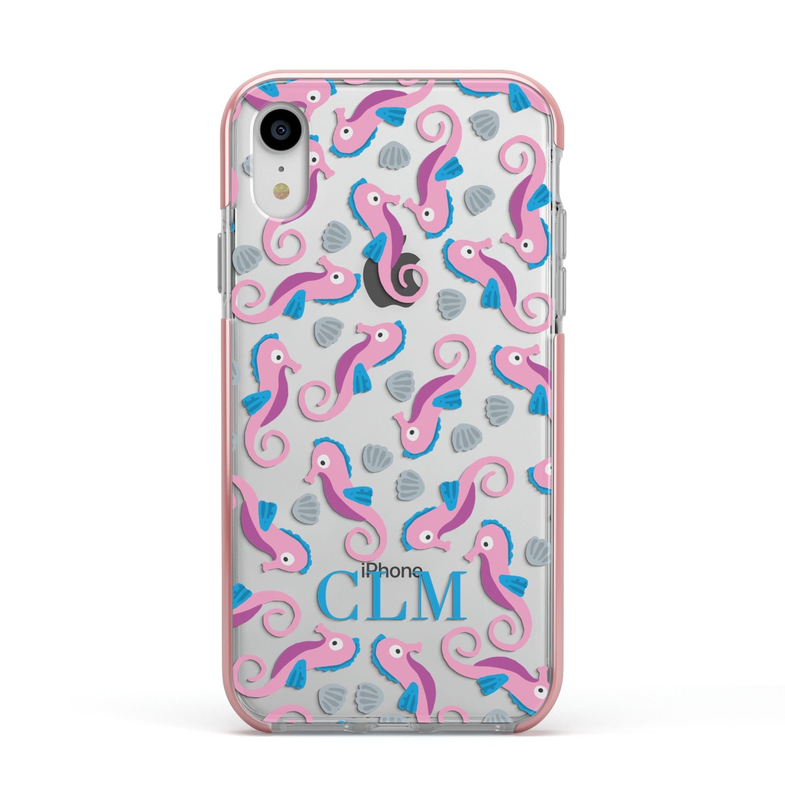 Personalised Sea Horse Initials Apple iPhone XR Impact Case Pink Edge on Silver Phone