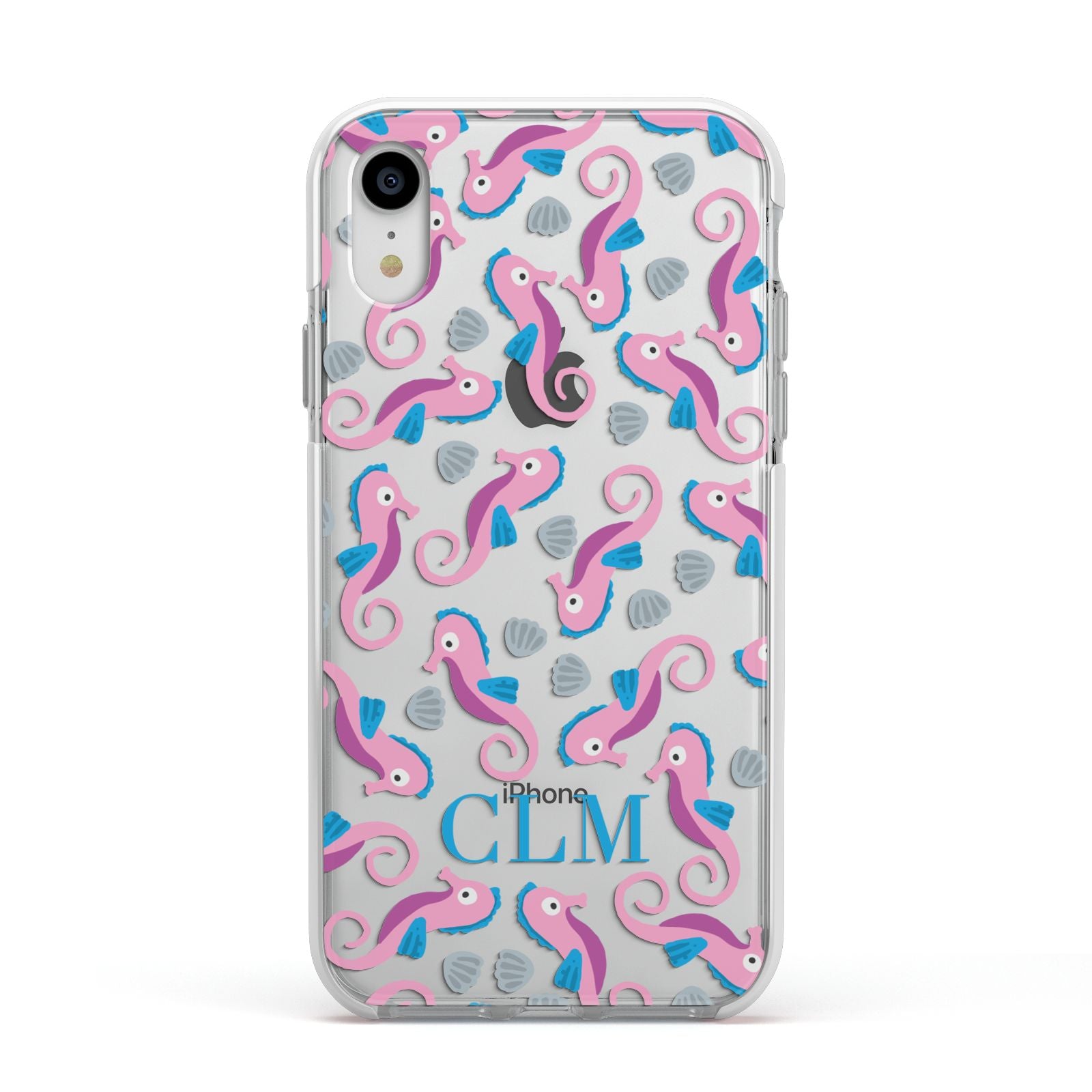 Personalised Sea Horse Initials Apple iPhone XR Impact Case White Edge on Silver Phone