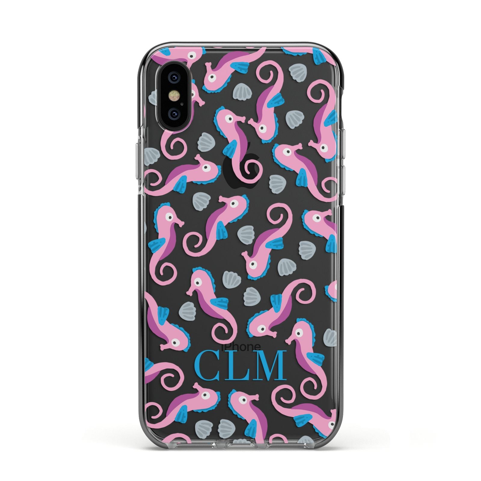 Personalised Sea Horse Initials Apple iPhone Xs Impact Case Black Edge on Black Phone