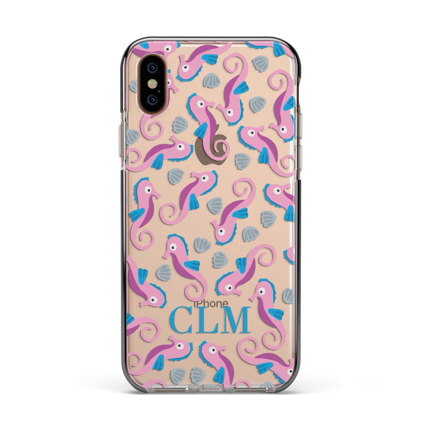 Personalised Sea Horse Initials Apple iPhone Xs Impact Case Black Edge on Gold Phone