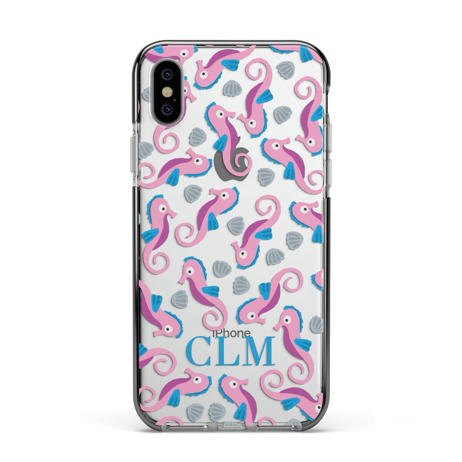 Personalised Sea Horse Initials Apple iPhone Xs Impact Case Black Edge on Silver Phone