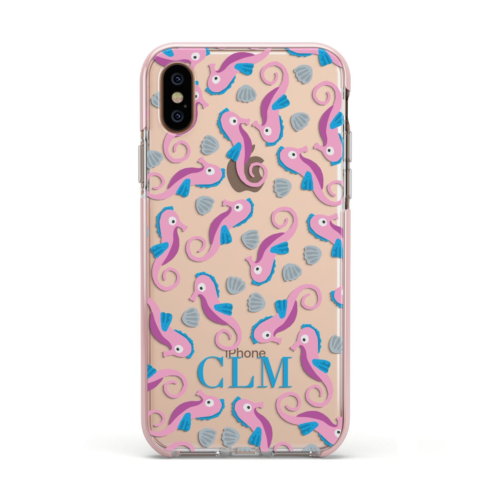 Personalised Sea Horse Initials Apple iPhone Xs Impact Case Pink Edge on Gold Phone