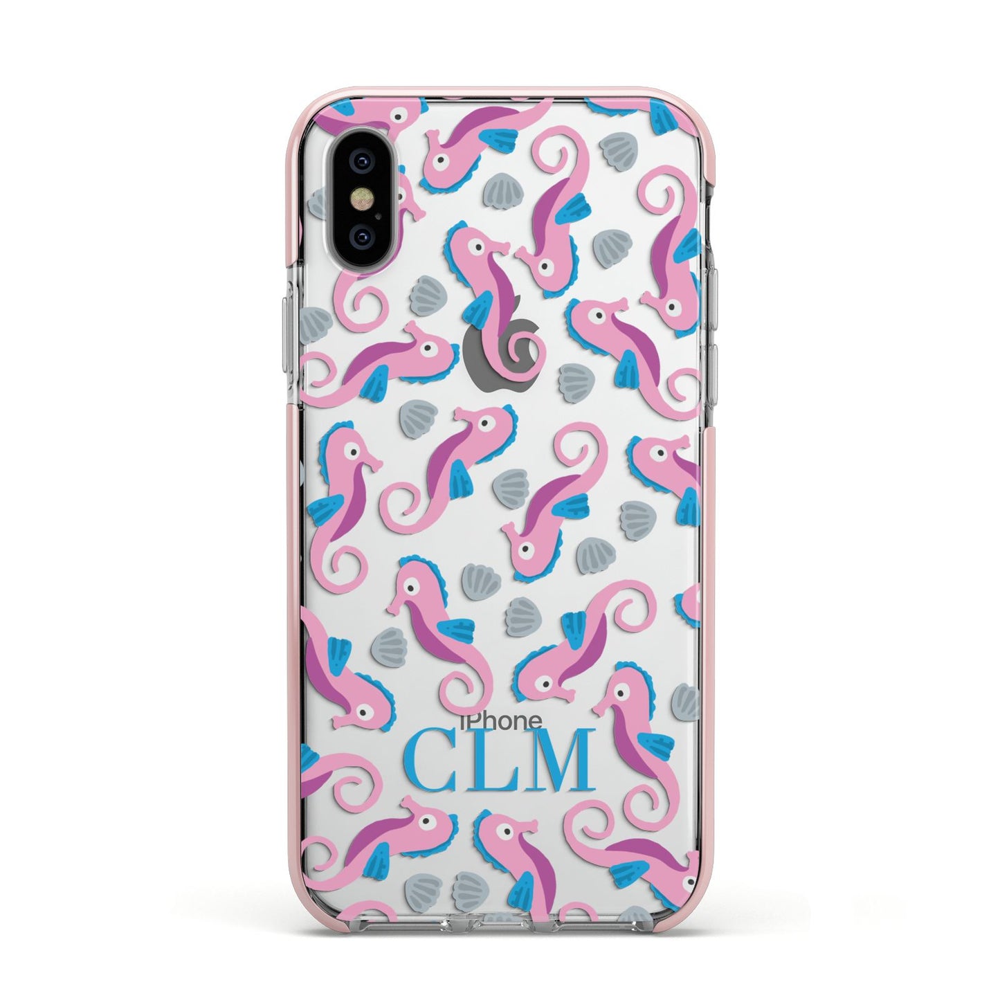 Personalised Sea Horse Initials Apple iPhone Xs Impact Case Pink Edge on Silver Phone