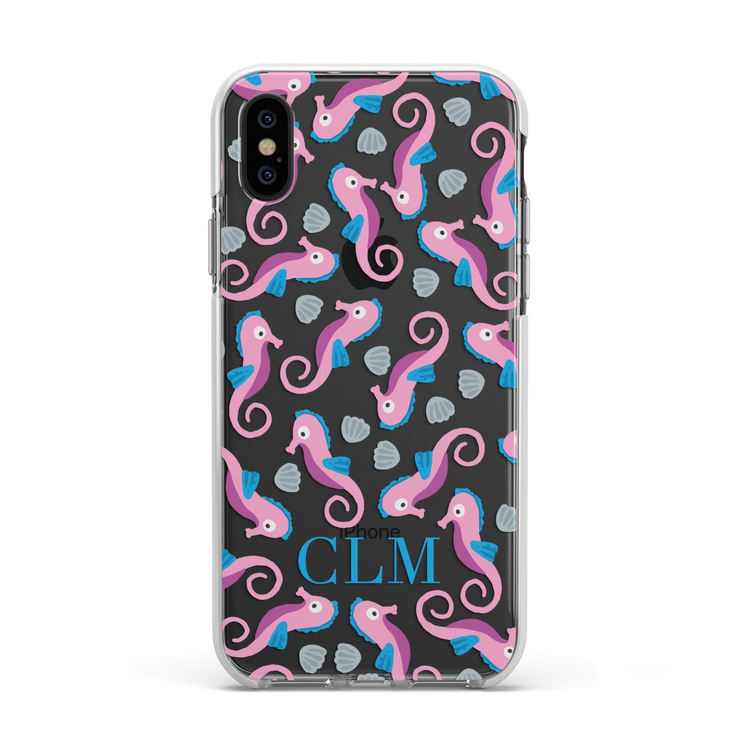 Personalised Sea Horse Initials Apple iPhone Xs Impact Case White Edge on Black Phone