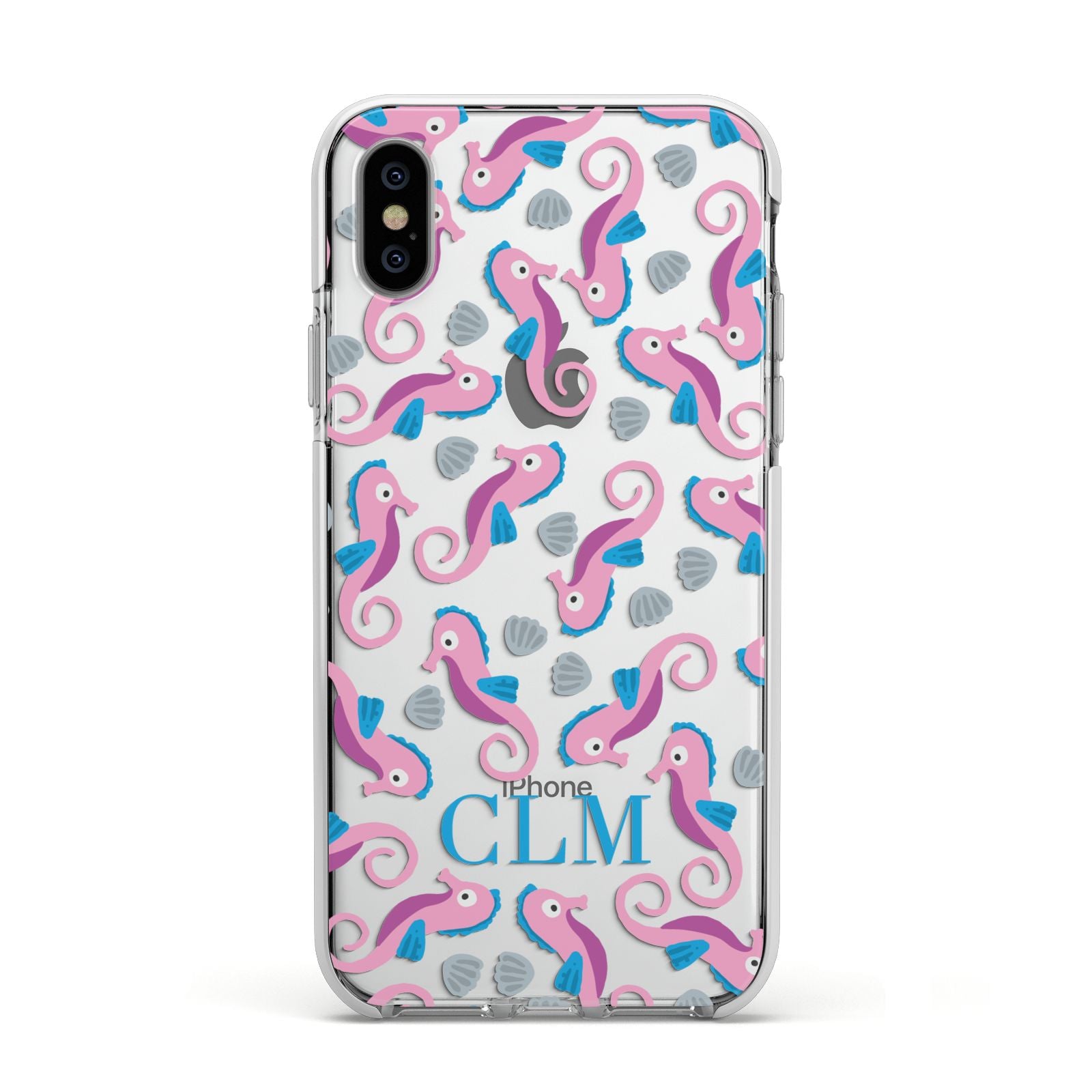 Personalised Sea Horse Initials Apple iPhone Xs Impact Case White Edge on Silver Phone