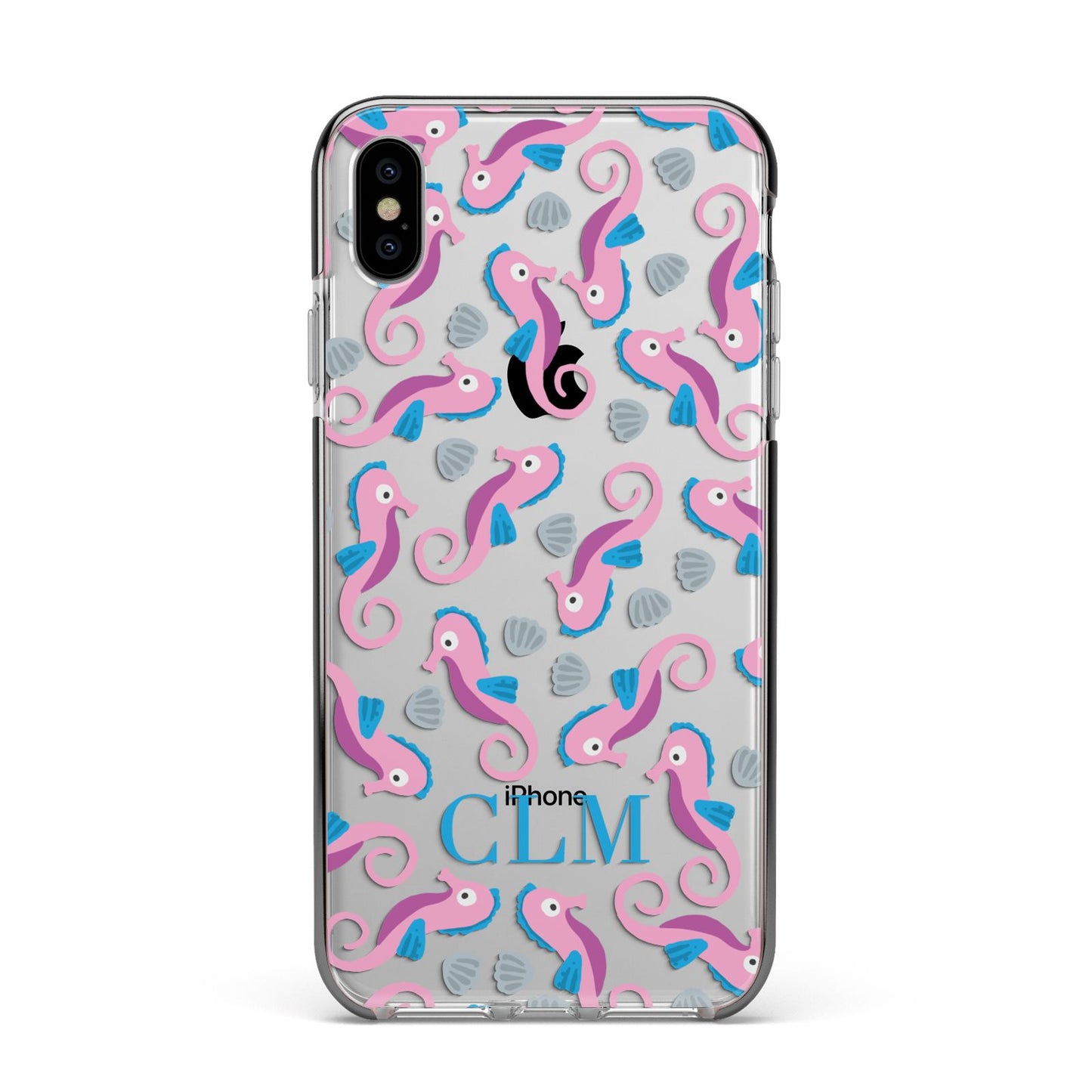 Personalised Sea Horse Initials Apple iPhone Xs Max Impact Case Black Edge on Silver Phone