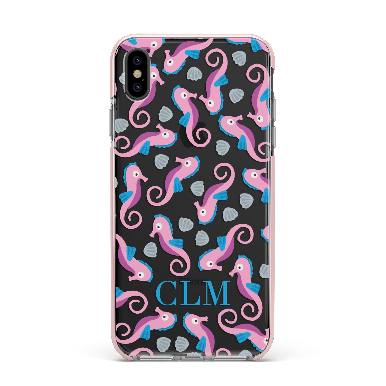Personalised Sea Horse Initials Apple iPhone Xs Max Impact Case Pink Edge on Black Phone