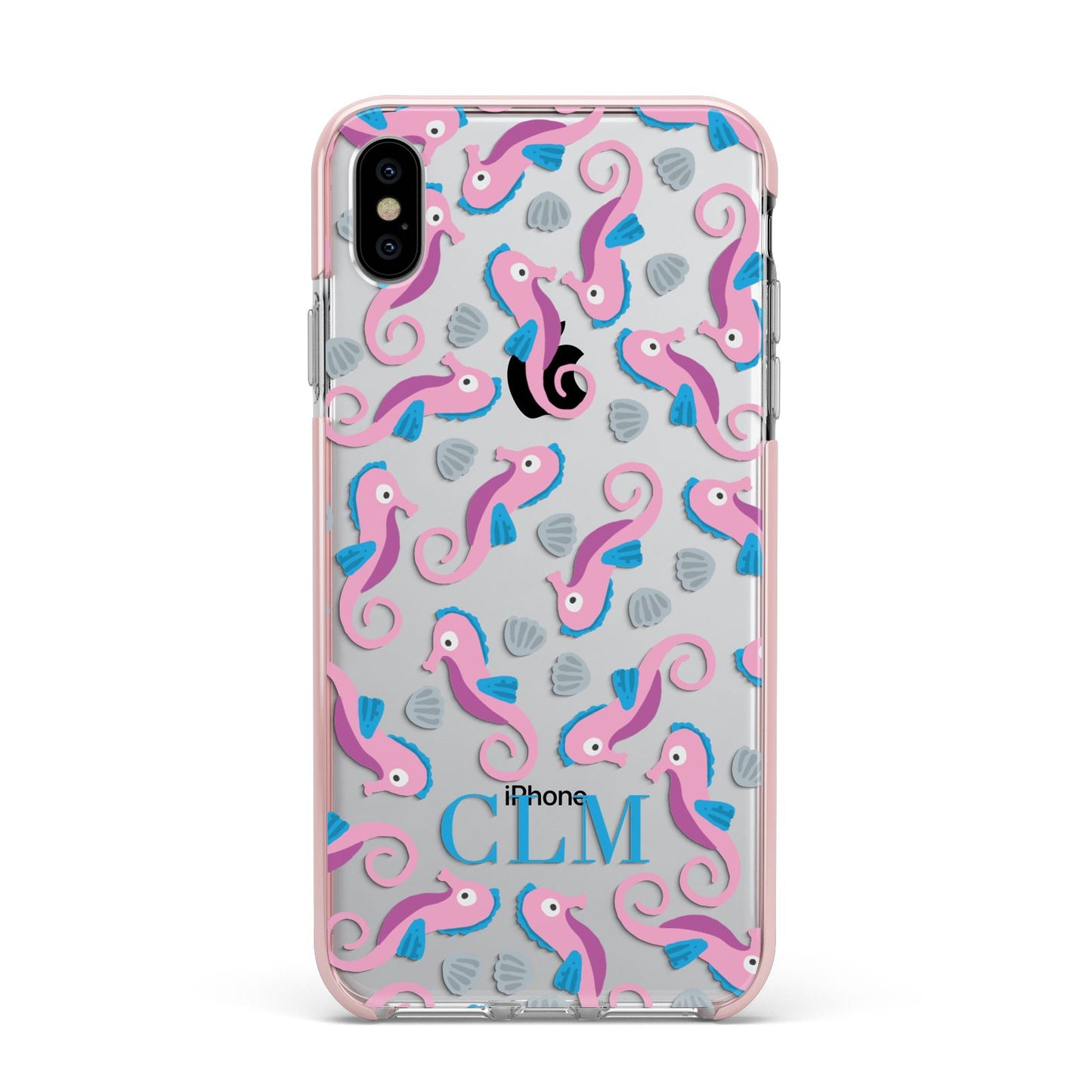 Personalised Sea Horse Initials Apple iPhone Xs Max Impact Case Pink Edge on Silver Phone