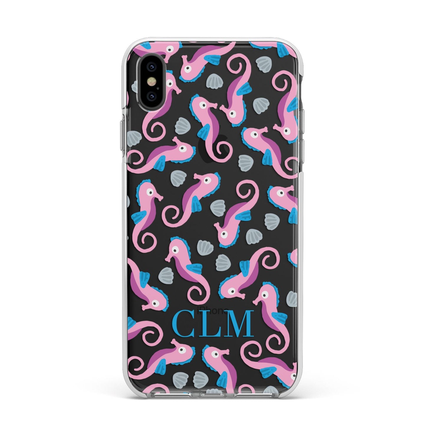 Personalised Sea Horse Initials Apple iPhone Xs Max Impact Case White Edge on Black Phone