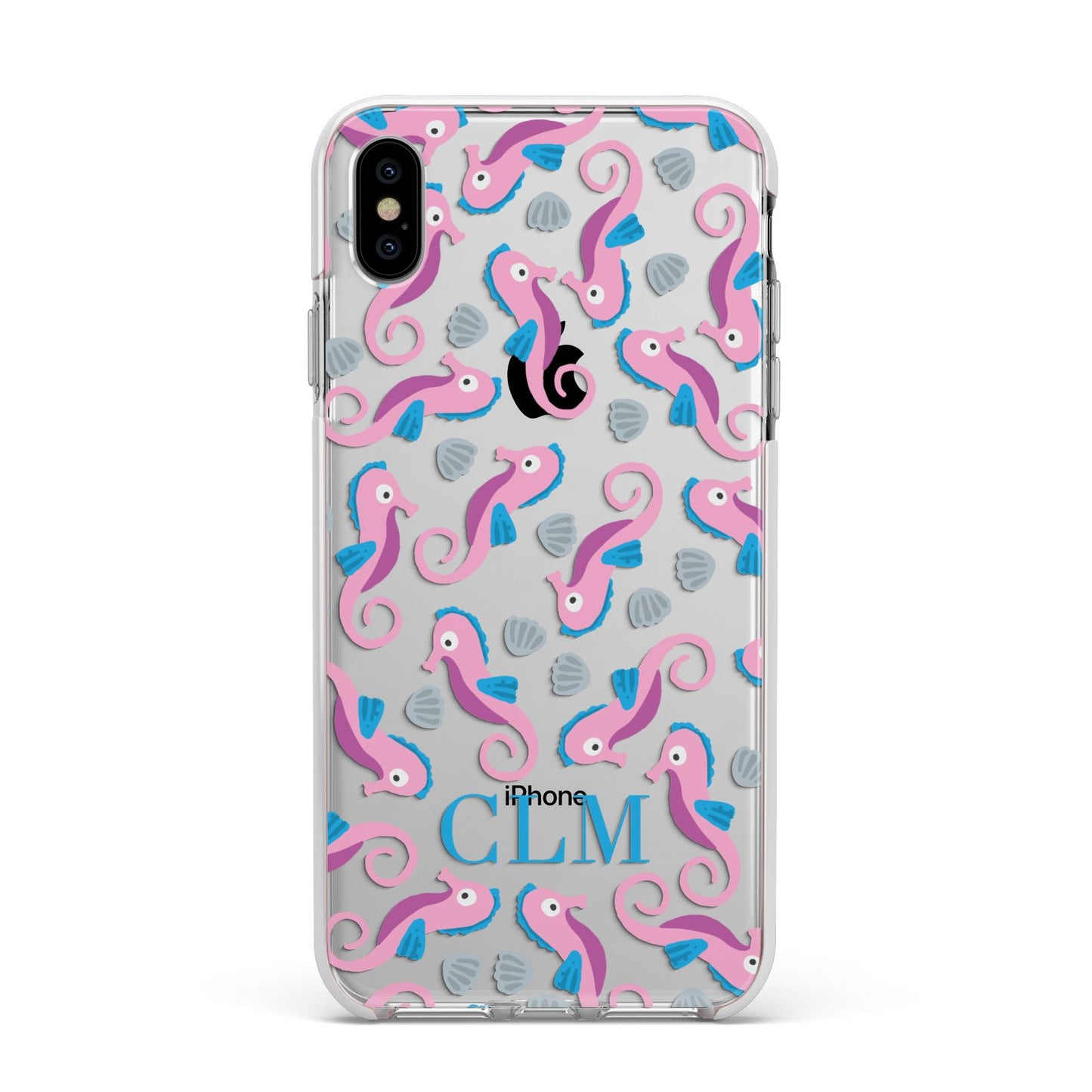 Personalised Sea Horse Initials Apple iPhone Xs Max Impact Case White Edge on Silver Phone