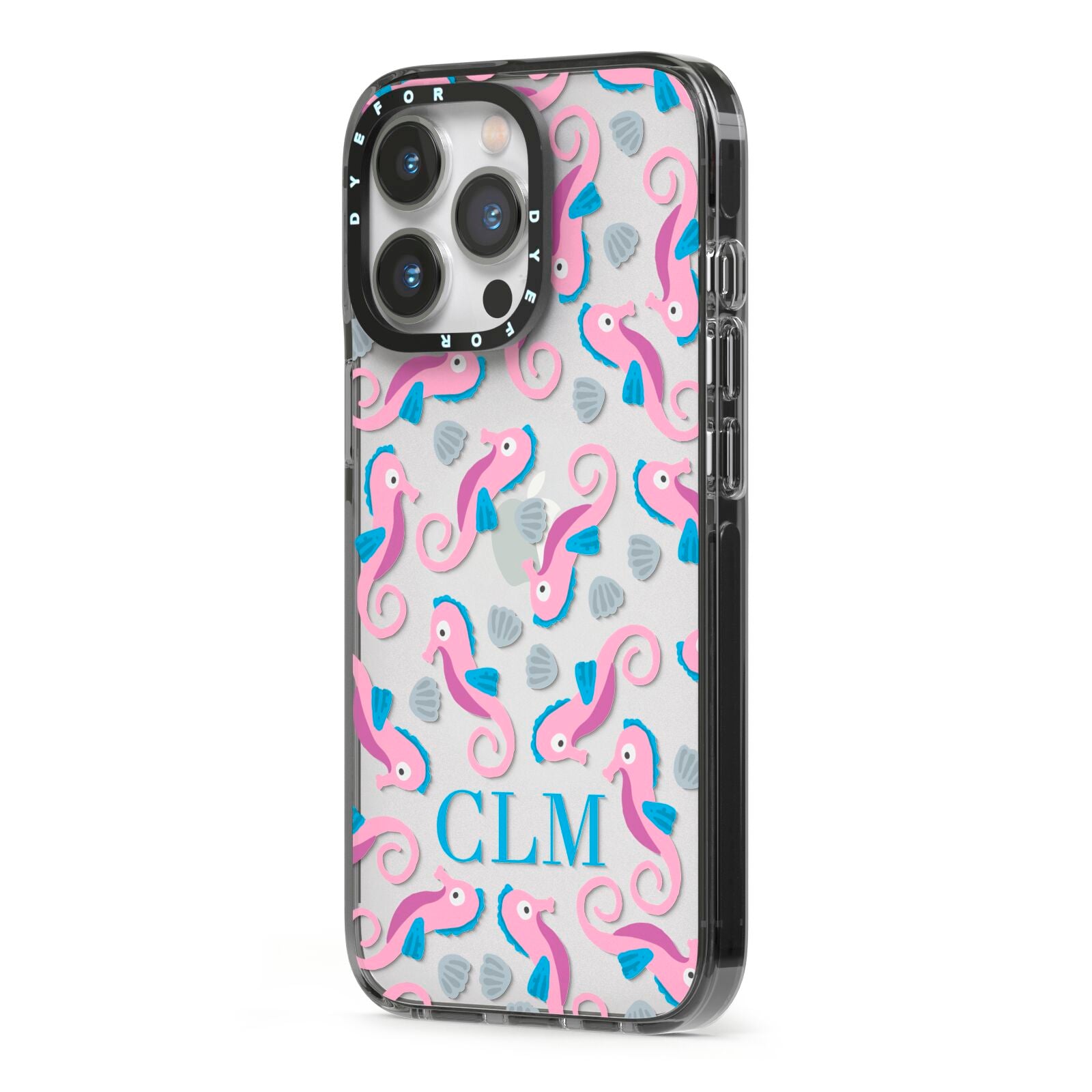 Personalised Sea Horse Initials iPhone 13 Pro Black Impact Case Side Angle on Silver phone