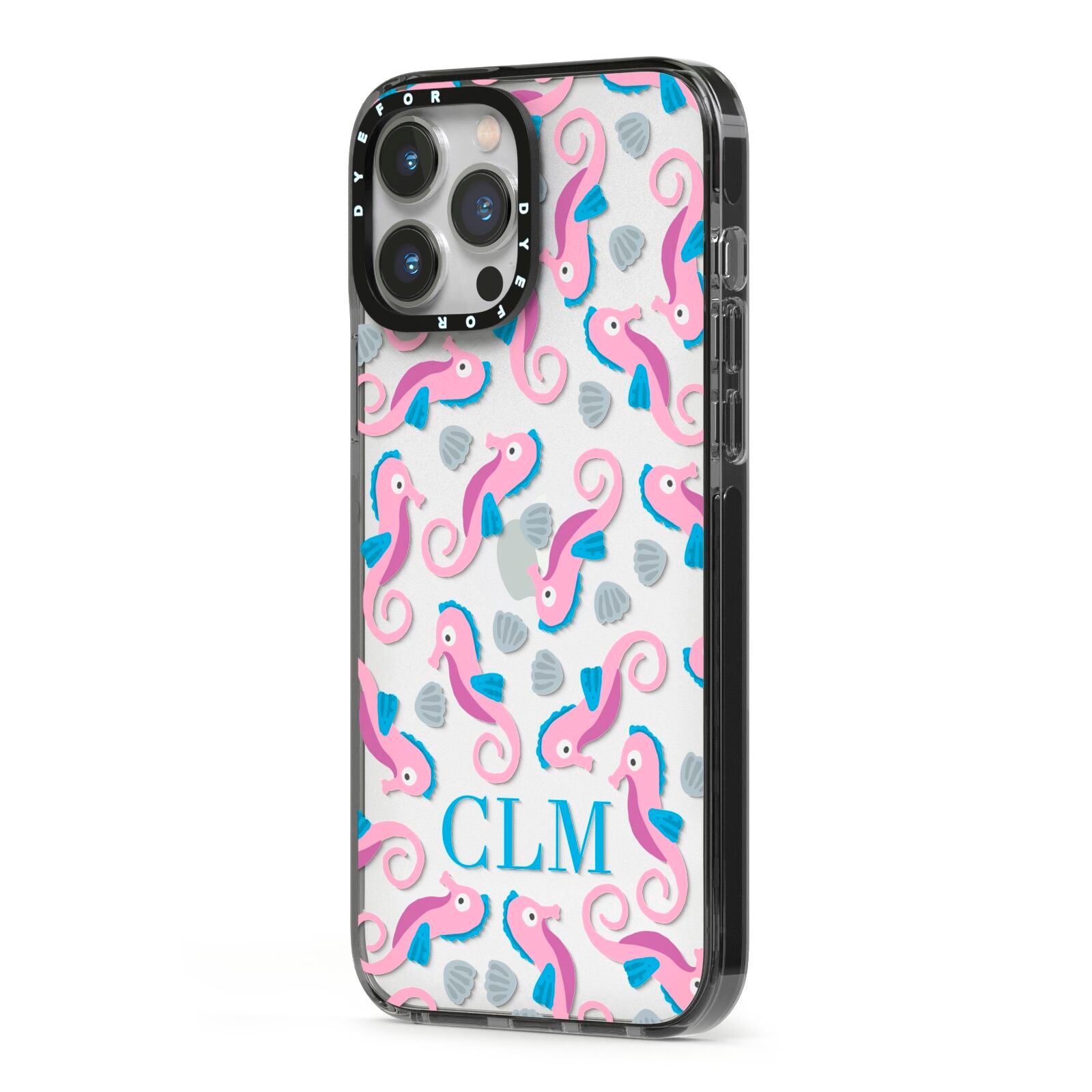 Personalised Sea Horse Initials iPhone 13 Pro Max Black Impact Case Side Angle on Silver phone