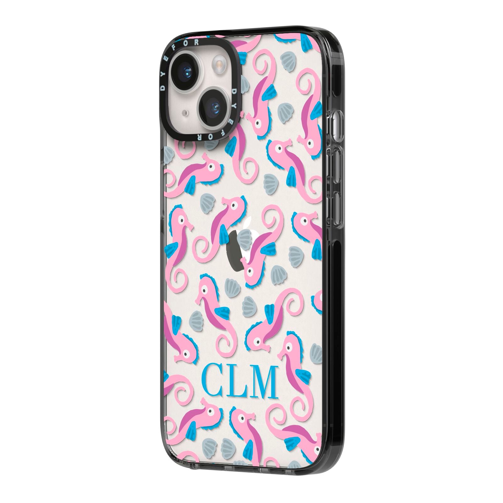 Personalised Sea Horse Initials iPhone 14 Black Impact Case Side Angle on Silver phone