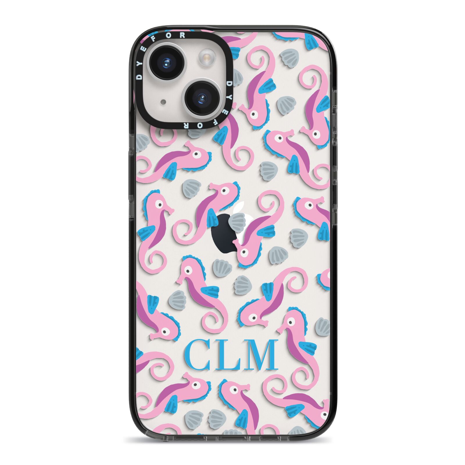 Personalised Sea Horse Initials iPhone 14 Black Impact Case on Silver phone