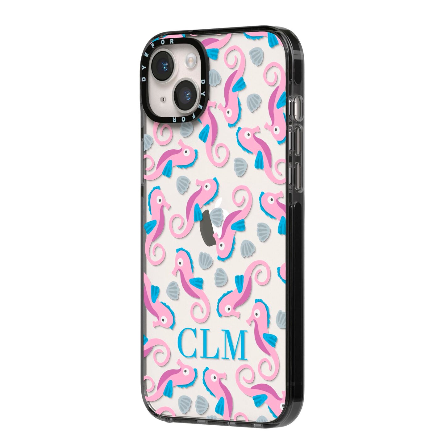 Personalised Sea Horse Initials iPhone 14 Plus Black Impact Case Side Angle on Silver phone