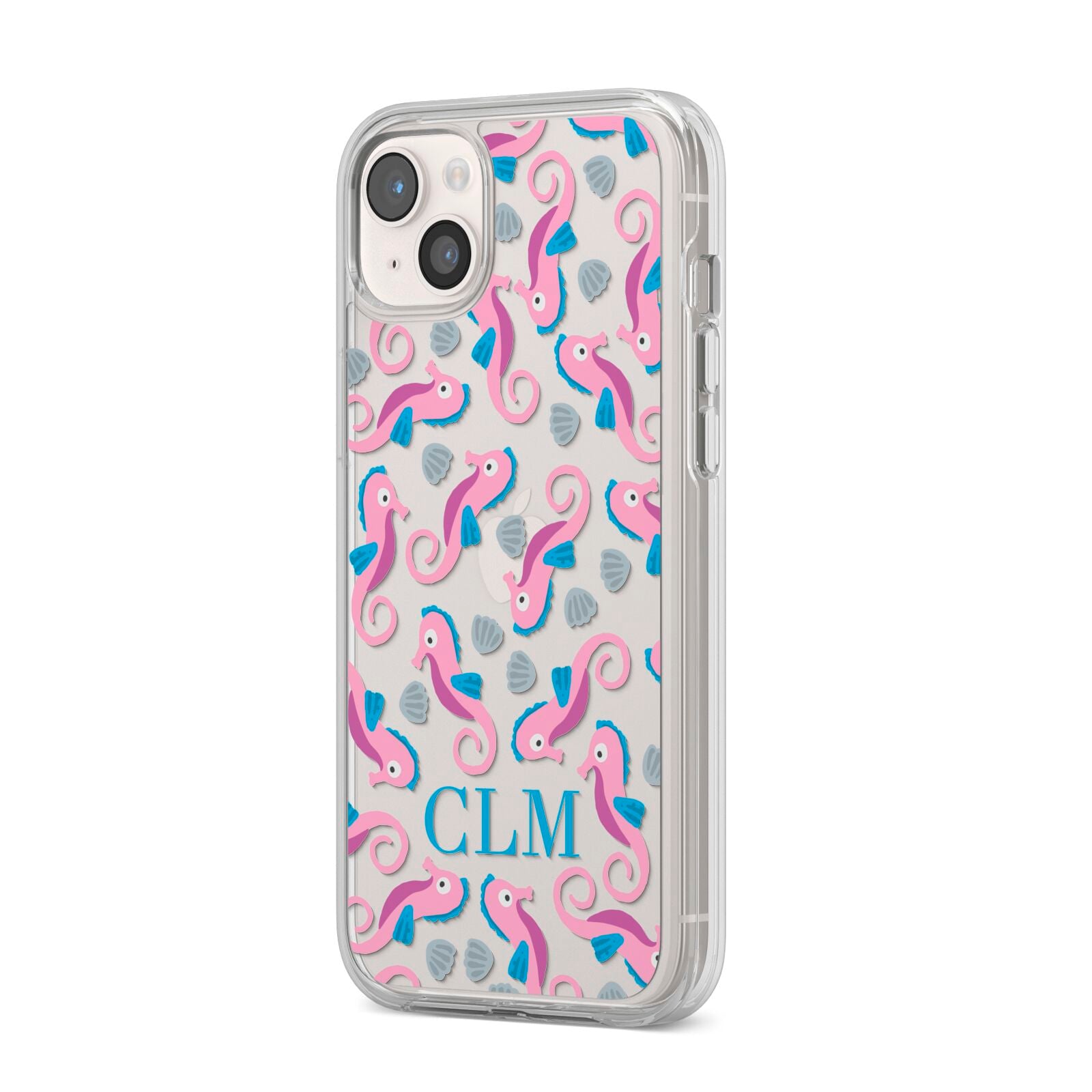 Personalised Sea Horse Initials iPhone 14 Plus Clear Tough Case Starlight Angled Image