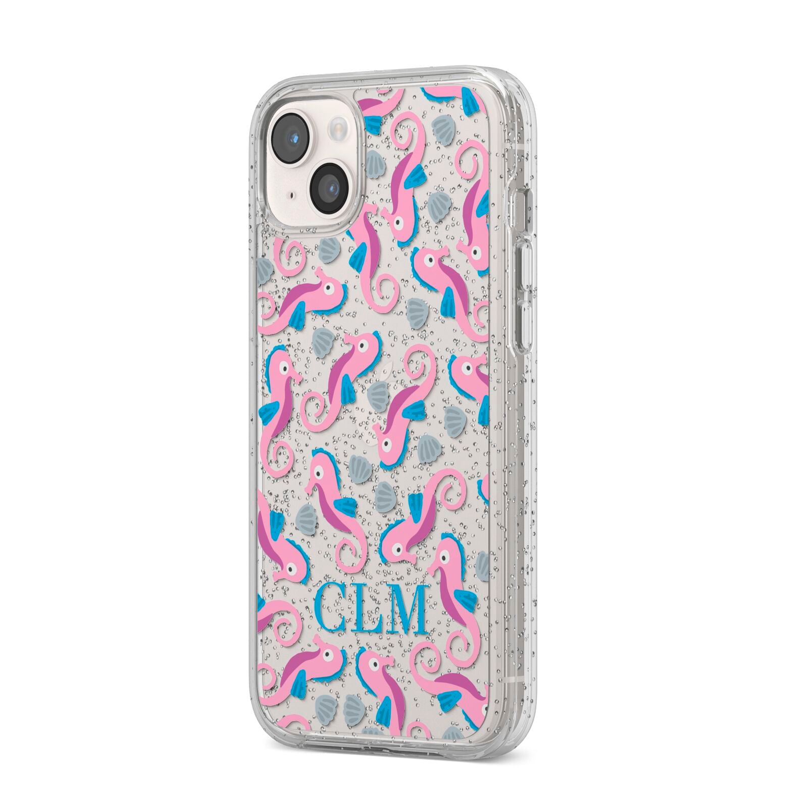 Personalised Sea Horse Initials iPhone 14 Plus Glitter Tough Case Starlight Angled Image