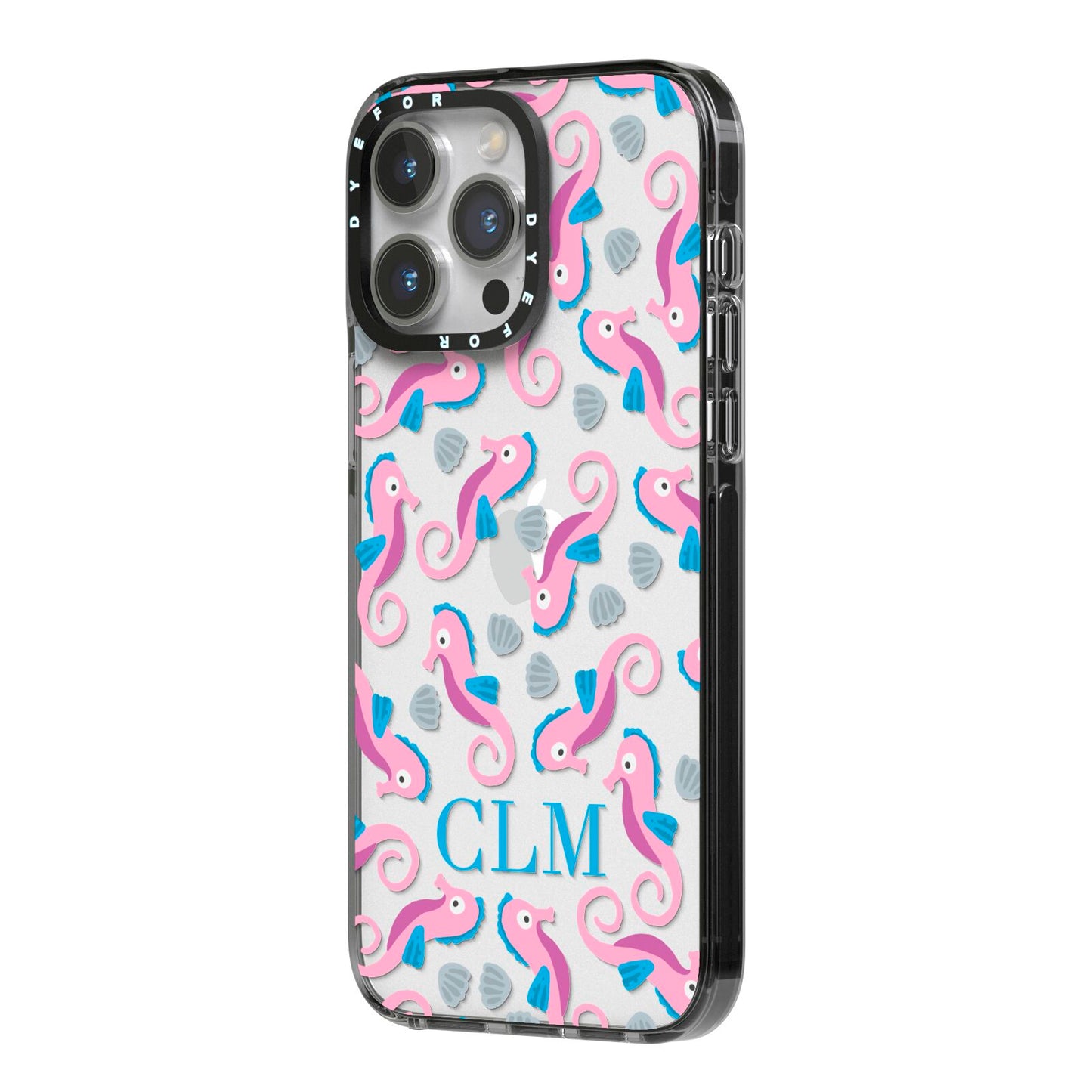 Personalised Sea Horse Initials iPhone 14 Pro Max Black Impact Case Side Angle on Silver phone