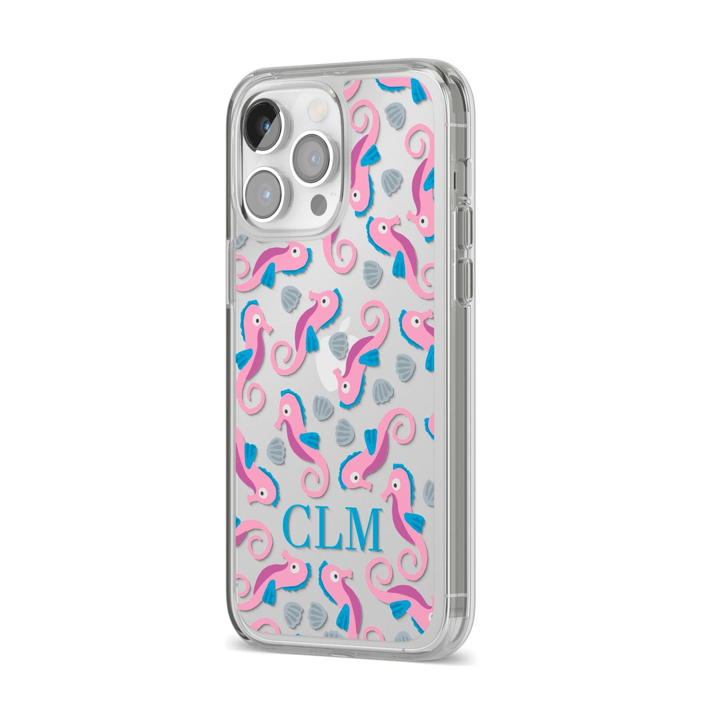 Personalised Sea Horse Initials iPhone 14 Pro Max Clear Tough Case Silver Angled Image
