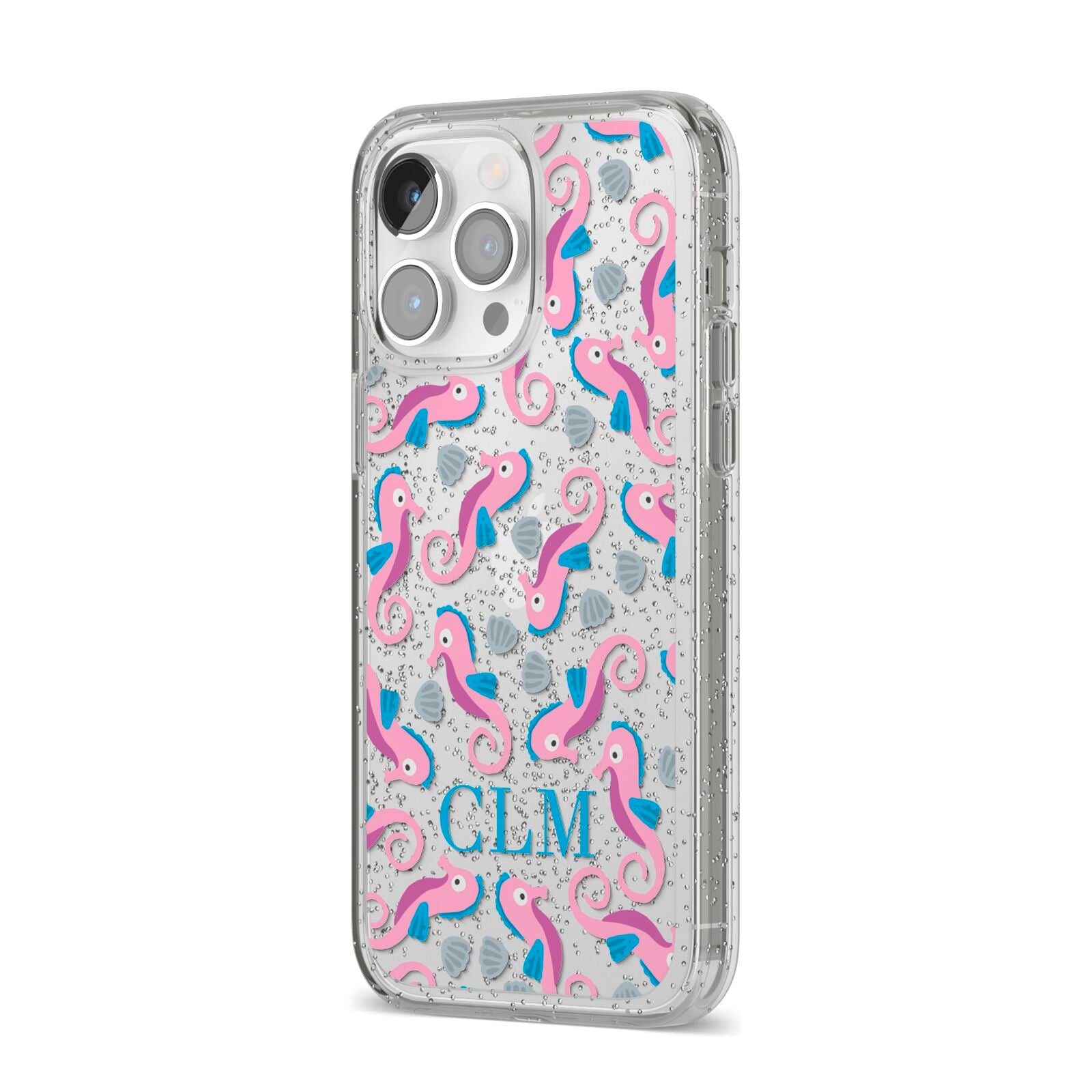 Personalised Sea Horse Initials iPhone 14 Pro Max Glitter Tough Case Silver Angled Image