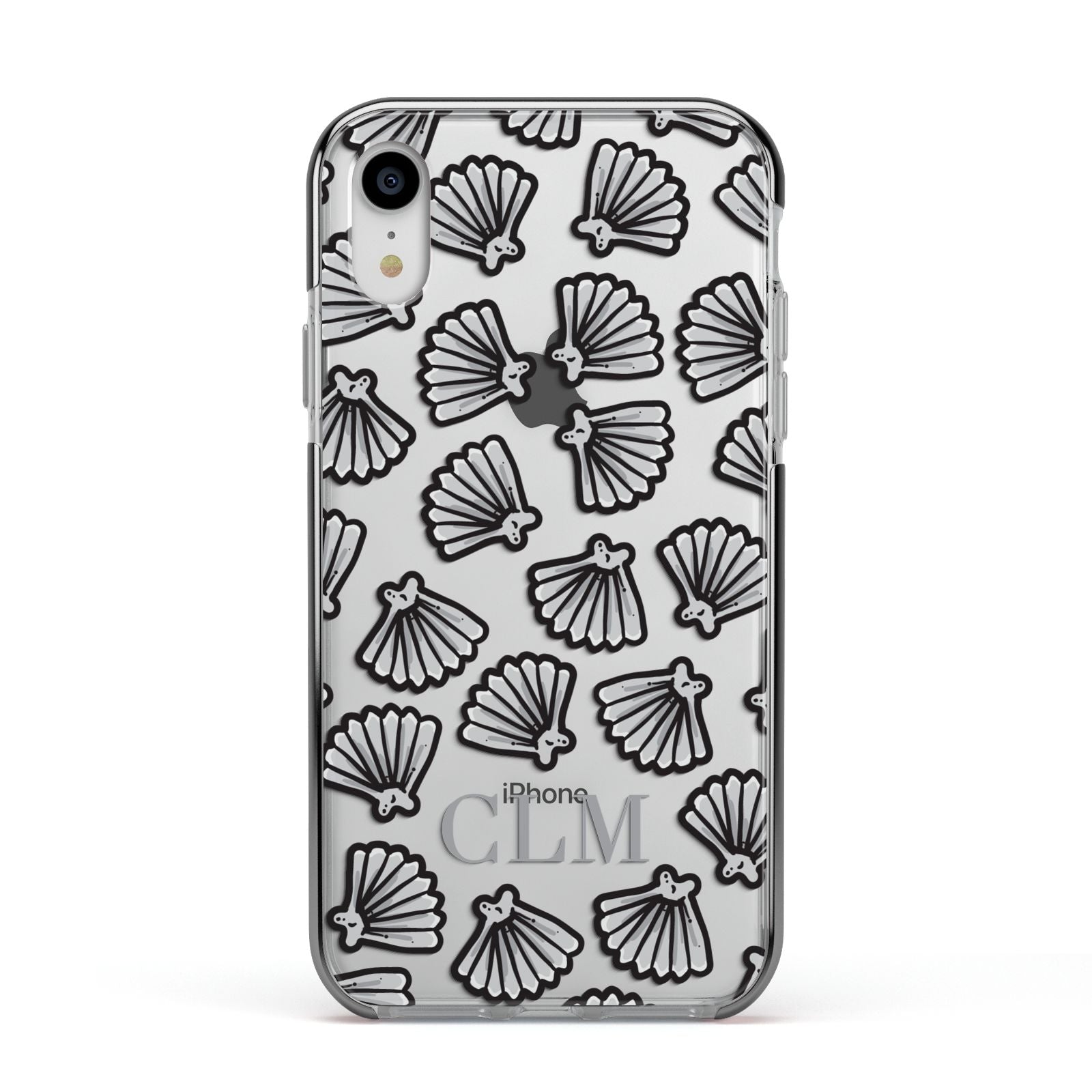 Personalised Sea Shell Initials Apple iPhone XR Impact Case Black Edge on Silver Phone