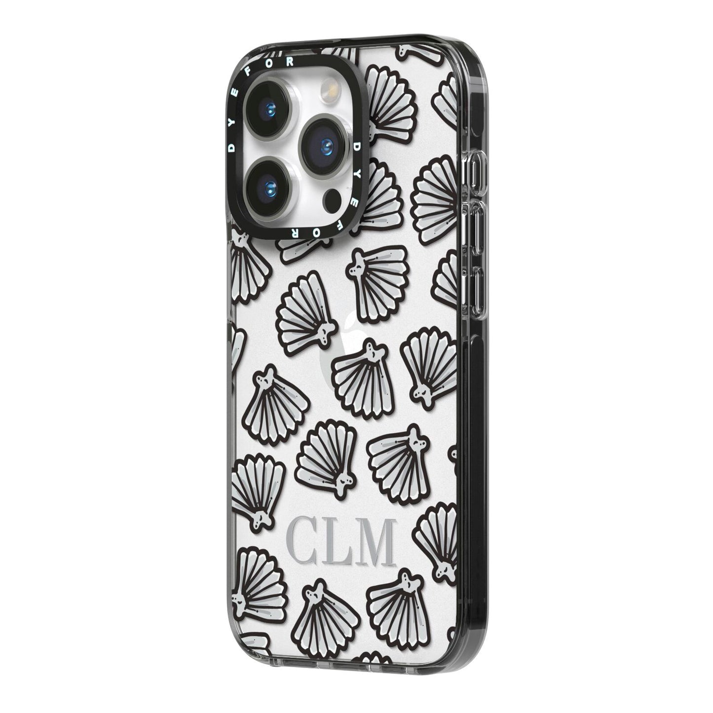 Personalised Sea Shell Initials iPhone 14 Pro Black Impact Case Side Angle on Silver phone