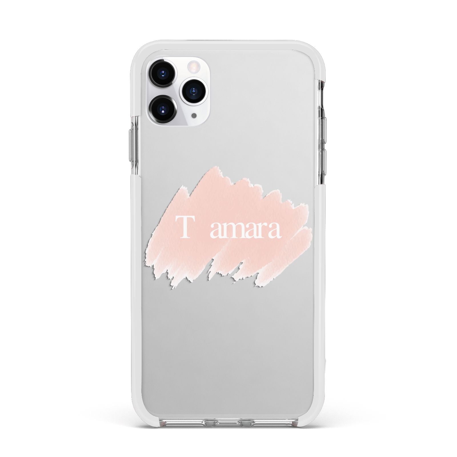 Personalised See Throiugh Clear Name Apple iPhone 11 Pro Max in Silver with White Impact Case