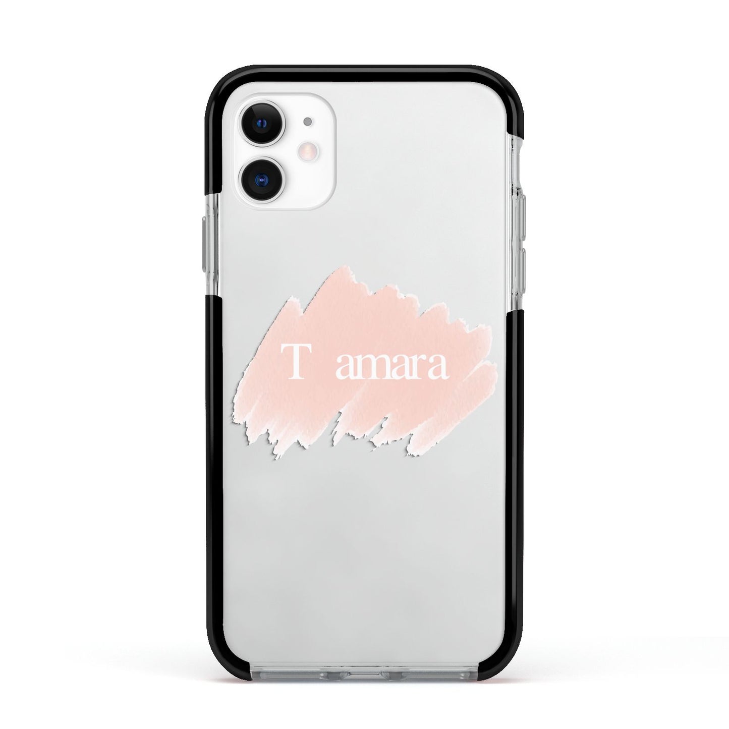 Personalised See Throiugh Clear Name Apple iPhone 11 in White with Black Impact Case