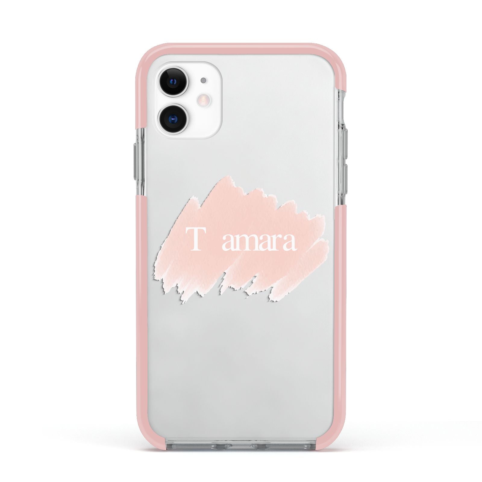 Personalised See Throiugh Clear Name Apple iPhone 11 in White with Pink Impact Case