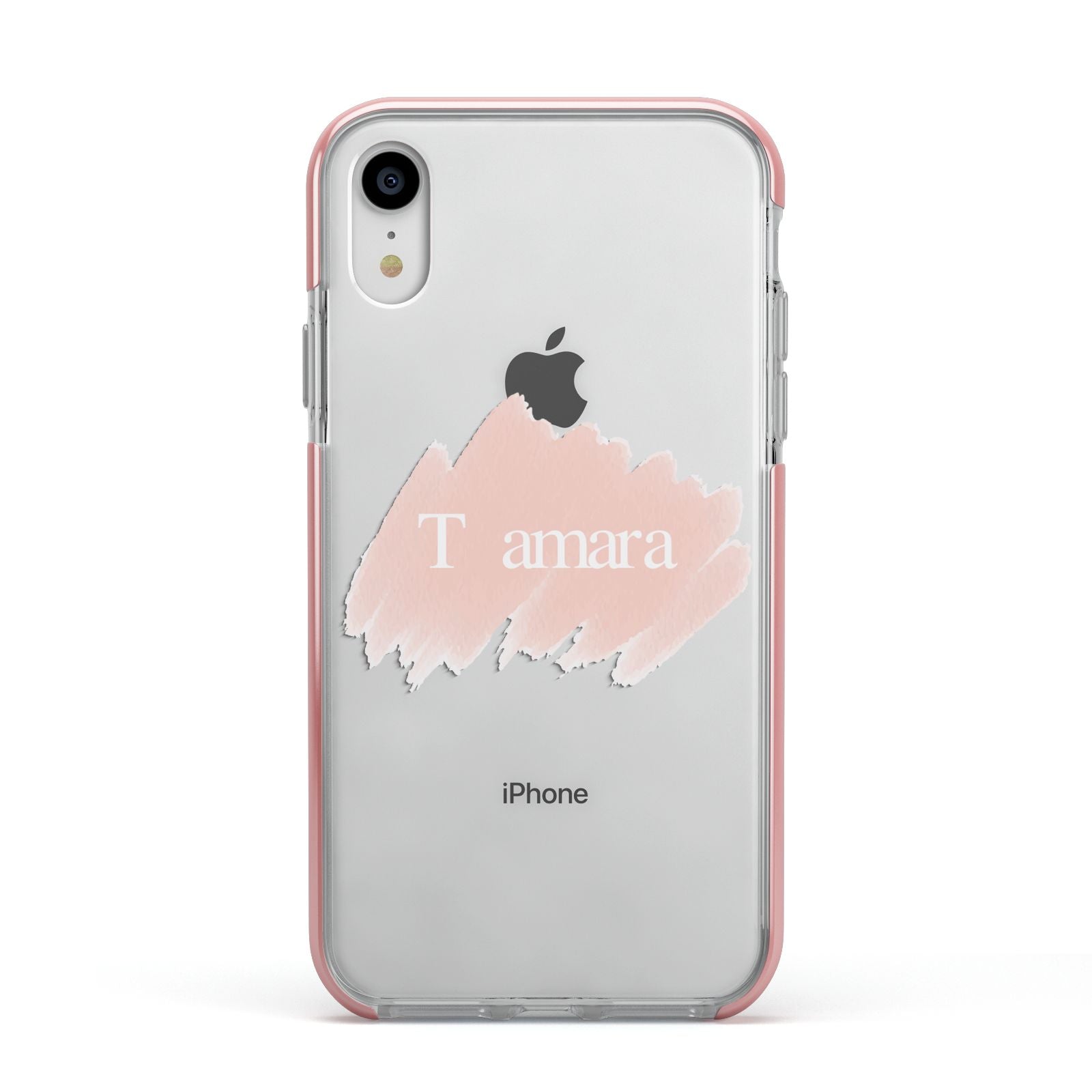 Personalised See Throiugh Clear Name Apple iPhone XR Impact Case Pink Edge on Silver Phone