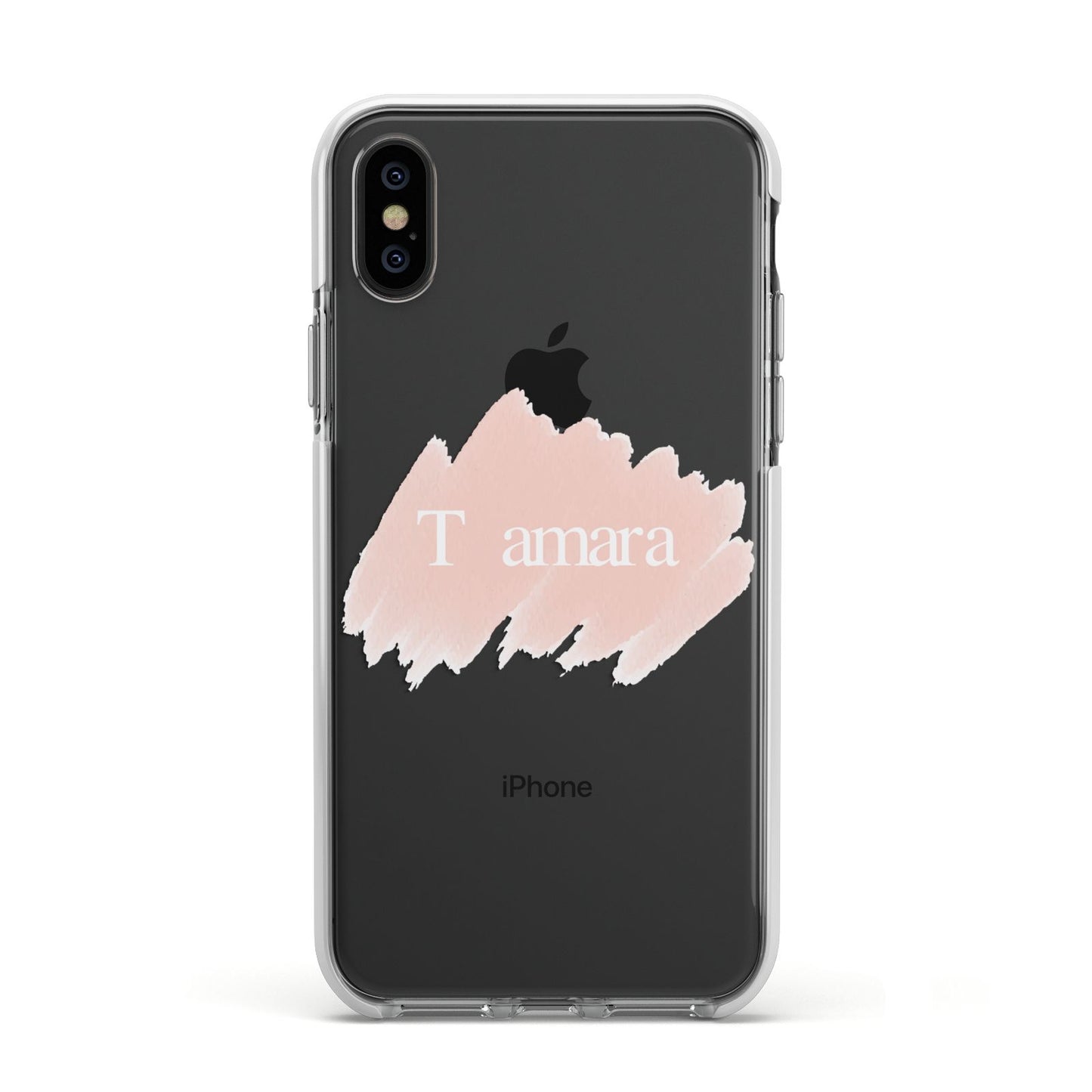 Personalised See Throiugh Clear Name Apple iPhone Xs Impact Case White Edge on Black Phone